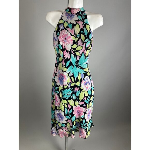 Vtg 90s Evan Picone Bright Floral Dress Rayon Strappy Cage Back Size 12 - Picture 4 of 5
